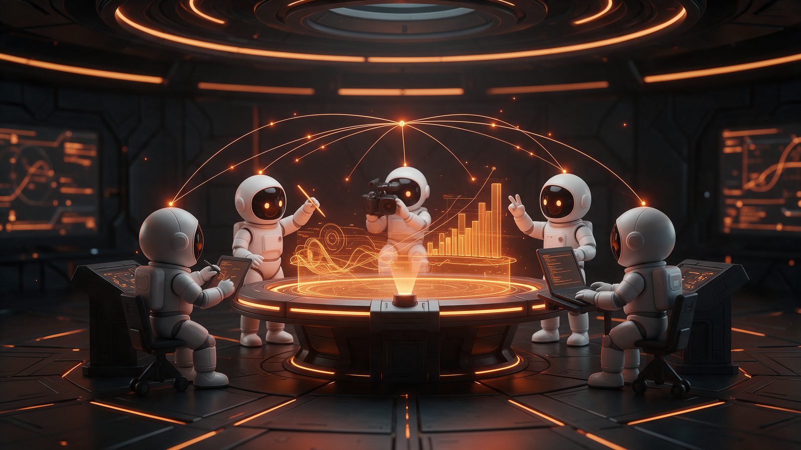 Equipe de robôs do I.T.A. em volta de uma mesa holográfica